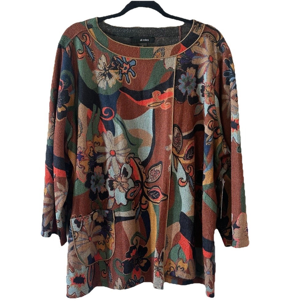 NWT Ali Miles Abstract Artsy‎ Floral Tunic Top Pocket Asymmetric Plus Sz 2X